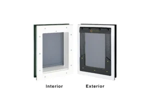 Door mounted white frame small RANGER pet door with grey flap