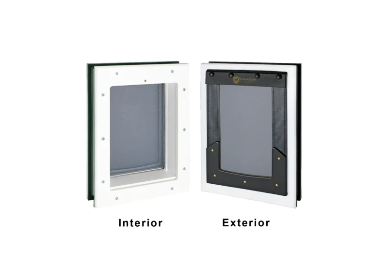 Door mounted white frame small RANGER pet door with grey flap