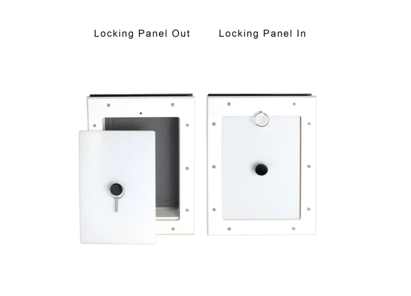 DMW-S-SP-Grey White frame door mounted small RANGER door with grey flap showing locking panel